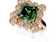 Cluster Halo Engagement Ring Setting for Fancy Green Asscher Cut Center with Milgrain Bezel Accents and Prong Head in Rose Gold