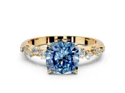 Cluster Engagement Ring Setting for Fancy Blue Cushion Cut Center with Round Cut Accent Band and Prong Head in Yellow Gold