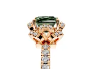 Halo Engagement Ring Setting for Fancy Green Asscher Cut Center with Openwork Halo, Pave Band and Prong Head in Rose Gold