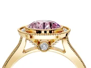 Halo Engagement Ring Setting for Fancy Pink Round Cut Center with Milgrain Pave Band and Bezel Head in Yellow Gold