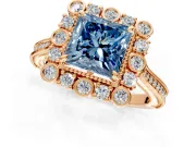 Milgrain Halo Engagement Ring Setting for Fancy Blue Princess Cut Center with Bezel Point Accents and Prong Head in Rose Gold