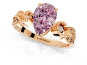 Leaf Engagement Ring Setting for Fancy Pink Pear-Shaped Center with Milgrain Accent Band and Prong Head in Rose Gold