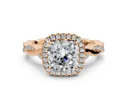 Halo Engagement Ring Setting for Cushion Cut Center with Twist Band and Prong Head in Rose Gold