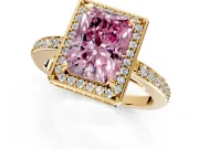 Halo Engagement Ring Setting for Fancy Pink Radiant Cut Center with Metal-Rimmed Halo, Pave Band and Prong Head in Yellow Gold