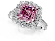 Milgrain Halo Engagement Ring Setting for Fancy Pink Asscher Cut Center with Bezel Point Accents and Prong Head in White Gold