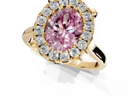 Single Halo Engagement Ring Setting for Fancy Pink Oval Center with Corner Claws, Plain Band and Prong Head in Yellow Gold