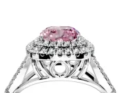 Double Halo Engagement Ring Setting for Fancy Pink Cushion Cut Center with Narrow Pave Split Shank and Prong Head in Platinum