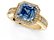 Milgrain Halo Engagement Ring Setting for Fancy Blue Asscher Cut Center with Pave Band and Prong Head in Yellow Gold