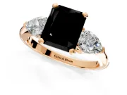 3 Stone Engagement Ring Setting for Fancy Black Radiant Cut Center with Large Pear-Shaped Accents and Prong Head in Rose Gold