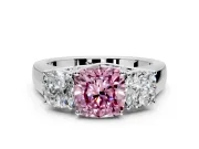 3 Stone Engagement Ring Setting for Fancy Pink Cushion Cut Center with Raised Basket Heads and Prong Head in White Gold