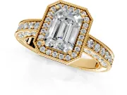 Milgrain Halo Engagement Ring Setting for Emerald Cut Center with Wide Pave Band and Prong Head in Yellow Gold