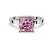 Hidden Halo Engagement Ring Setting for Fancy Pink Princess Cut Center with Wide Flat Plain Band and Prong Head in White Gold