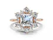 Small-Accent Cluster Halo Engagement Ring Setting for Princess Cut Center with Plain Band and Prong Head in Rose Gold