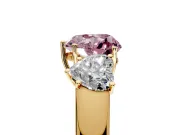 3 Stone Engagement Ring Setting for Fancy Pink Heart-Shaped Center with Raised Basket Heads and Prong Head in Yellow Gold