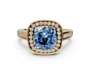 Halo Engagement Ring Setting for Fancy Blue Cushion Cut Center with Outer Bezel Rim, Pave Band and Prong Head in Yellow Gold