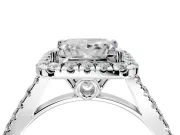 Halo Engagement Ring Setting for Princess Cut Center with Raised Halo, Pave Band and Prong Head in White Gold