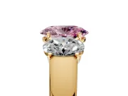3 Stone Engagement Ring Setting for Fancy Pink Oval Center with Raised Basket Heads and Prong Head in Yellow Gold