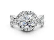 Halo Engagement Ring Setting for Heart-Shaped Center with Pave Infinity Twist Band and Prong Head in Platinum