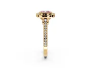 Halo Engagement Ring Setting for Fancy Pink Cushion Cut Center with Milgrain Frame, Pave Band and Prong Head in Yellow Gold