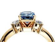 3 Stone Engagement Ring Setting for Fancy Blue Emerald Cut Center with Wide Plain Band and Prong Head in Yellow Gold