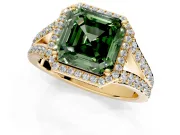 Halo Engagement Ring Setting for Fancy Green Asscher Cut Center with Narrow Pave Split Shank and Prong Head in Yellow Gold
