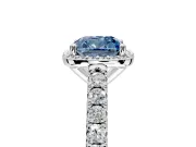 Halo Engagement Ring Setting for Fancy Blue Cushion Cut Center with Full Pave Band and Prong Head in White Gold