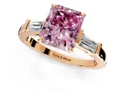 3 Stone Engagement Ring Setting for Fancy Pink Radiant Cut Center with Channel Baguette Accents and Prong Head in Rose Gold