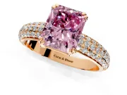 Solitaire Engagement Ring Setting for Fancy Pink Radiant Cut Center with Multi-Row Pave Accents and Basket Head in Rose Gold
