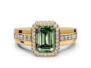 Halo Engagement Ring Setting for Fancy Green Emerald Cut Center with Wide Band, Inlaid Accent Row and Prong Head in Yellow Gold