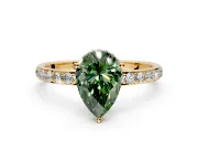 Hidden Halo Engagement Ring Setting for Fancy Green Pear-Shaped Center with Pave Band and Prong Head in Yellow Gold