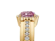 Halo Engagement Ring Setting for Fancy Pink Cushion Cut Center with Wide Band, Inlaid Accent Row and Prong Head in Yellow Gold