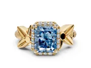 Halo Engagement Ring Setting for Fancy Blue Radiant Cut Center with Floral Band and Prong Head in Yellow Gold