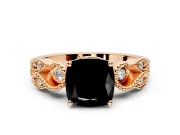 Leaf Engagement Ring Setting for Fancy Black Cushion Cut Center with Milgrain Accent Band and Prong Head in Rose Gold