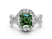 Halo Engagement Ring Setting for Fancy Green Radiant Cut Center with Pave Infinity Twist Band and Prong Head in White Gold