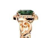Halo Engagement Ring Setting for Fancy Green Emerald Cut Center with Open Scroll Shoulders and Prong Head in Rose Gold
