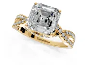 Solitaire Engagement Ring Setting for Asscher Cut Center with Narrow Twist Pave Band and Prong Head in Yellow Gold
