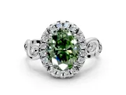 Halo Engagement Ring Setting for Fancy Green Oval Center with Open Scroll Shoulders and Prong Head in Platinum