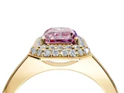 Halo Engagement Ring Setting for Fancy Pink Radiant Cut Center with Plain Tapered Band and Prong Head in Yellow Gold