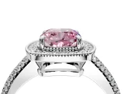 Milgrain Halo Engagement Ring Setting for Fancy Pink Cushion Cut Center with Three-Sided Pave Band and Prong Head in White Gold