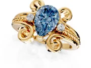 Solitaire Engagement Ring Setting for Fancy Blue Pear-Shaped Center with Twisted Band and Scroll Prong Head in Yellow Gold