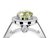 Halo Engagement Ring Setting for Fancy Yellow Oval Center with Outer Bezel Rim, Pave Band and Prong Head in Sterling Silver