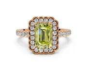 Milgrain Floral Halo Engagement Ring Setting for Fancy Yellow Emerald Cut Center with Pave Band and Prong Head in Rose Gold