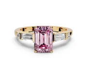 Bar-Set Engagement Ring Setting for Fancy Pink Emerald Cut Center with Tapered Baguette Accents and Prong Head in Yellow Gold