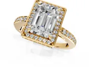 Halo Engagement Ring Setting for Emerald Cut Center with Metal-Rimmed Halo, Pave Band and Prong Head in Yellow Gold