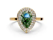 Halo Engagement Ring Setting for Fancy Green Pear-Shaped Center with Plain Tapered Band and Prong Head in Yellow Gold