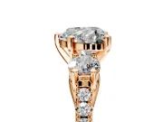 3 Stone Engagement Ring Setting for Heart-Shaped Center with Crossover Basket, Pave Band and Prong Head in Rose Gold