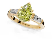 3 Stone Engagement Ring Setting for Fancy Yellow Pear-Shaped Center with Tapered Baguettes, Plain Band and Prong Head in Yellow Gold