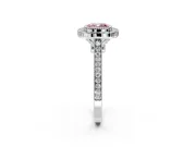 Halo Engagement Ring Setting for Fancy Pink Cushion Cut Center with Milgrain Frame, Pave Band and Prong Head in Platinum