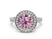 Halo Engagement Ring Setting for Fancy Pink Round Cut Center with Milgrain Pave Band and Bezel Head in Platinum