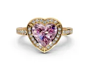 Halo Engagement Ring Setting for Fancy Pink Heart-Shaped Center with Framed Halo, Pave Band and Prong Head in Yellow Gold